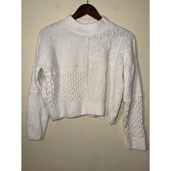 Pink Rose Sweaters - Pink Rose Ivory Patchwork Cable Knit Cropped Mock Neck Sweater Medium